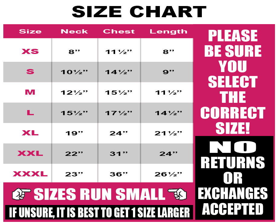Doggie & Pawbana Dog Tank Top size chart
