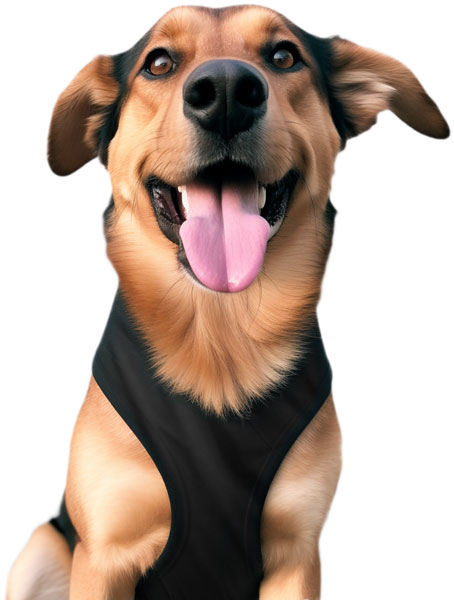 Happy Dog wearing a Doggie & Pawbana black tank top